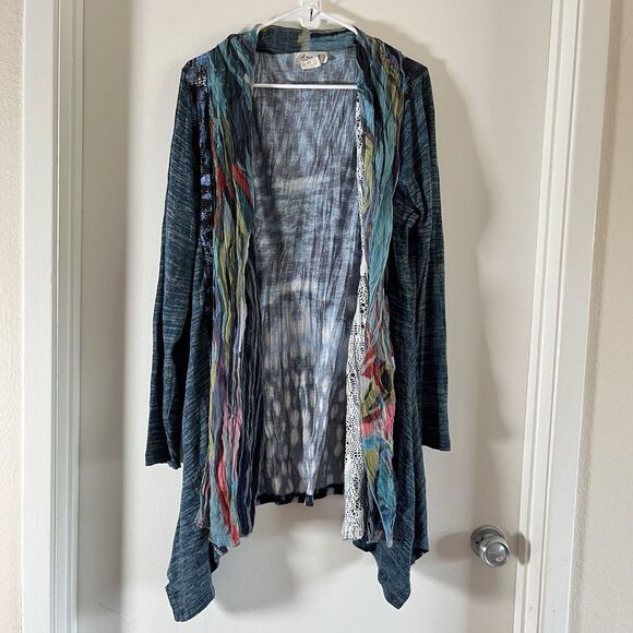Aria A Cardigan Blue Open Front Lace Animal Print Patchwork Sz XL Gyaru Y2K - Picture 1 of 7